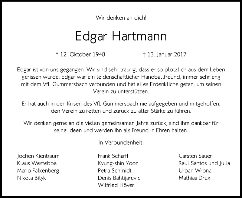 Traueranzeige für Edgar Hartmann vom 21.01.2017 aus Kölner Stadt-Anzeiger / Kölnische Rundschau / Express