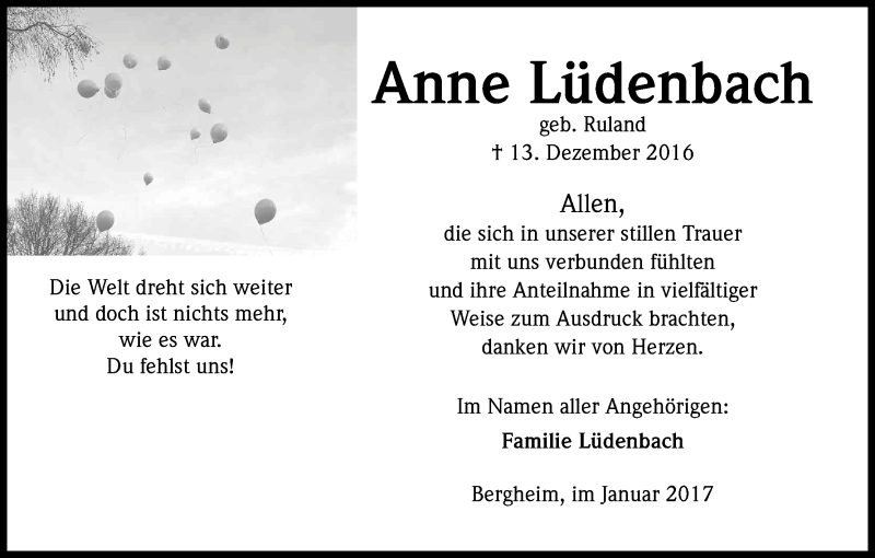  Traueranzeige für Anne Lüdenbach vom 25.01.2017 aus Kölner Stadt-Anzeiger / Kölnische Rundschau / Express
