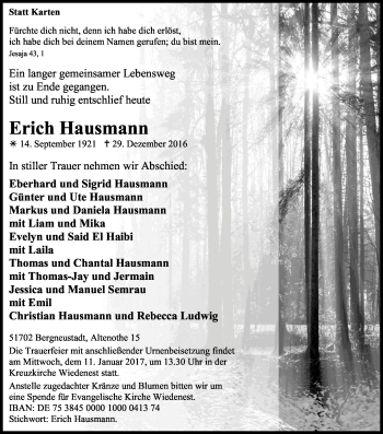 Anzeige von Erich Hausmann von Kölner Stadt-Anzeiger / Kölnische Rundschau / Express