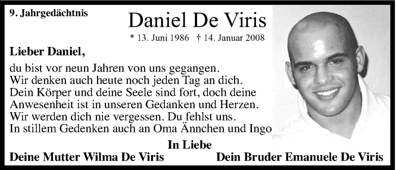  Traueranzeige für Daniel De Viris vom 14.01.2017 aus Kölner Stadt-Anzeiger / Kölnische Rundschau / Express