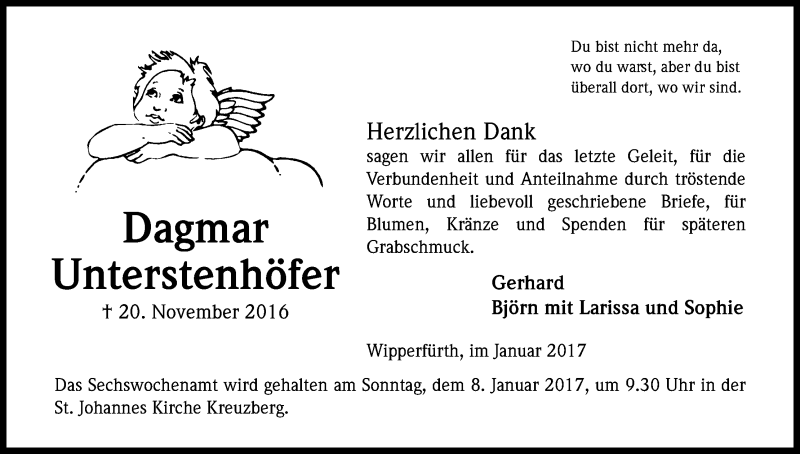  Traueranzeige für Dagmar Unterstenhöfer vom 02.01.2017 aus Kölner Stadt-Anzeiger / Kölnische Rundschau / Express