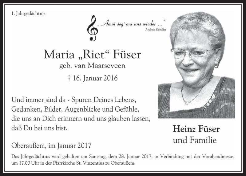  Traueranzeige für Maria  Füser vom 25.01.2017 aus  Werbepost 