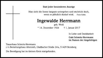 Anzeige von Ingewalde Herrmann von Kölner Stadt-Anzeiger / Kölnische Rundschau / Express