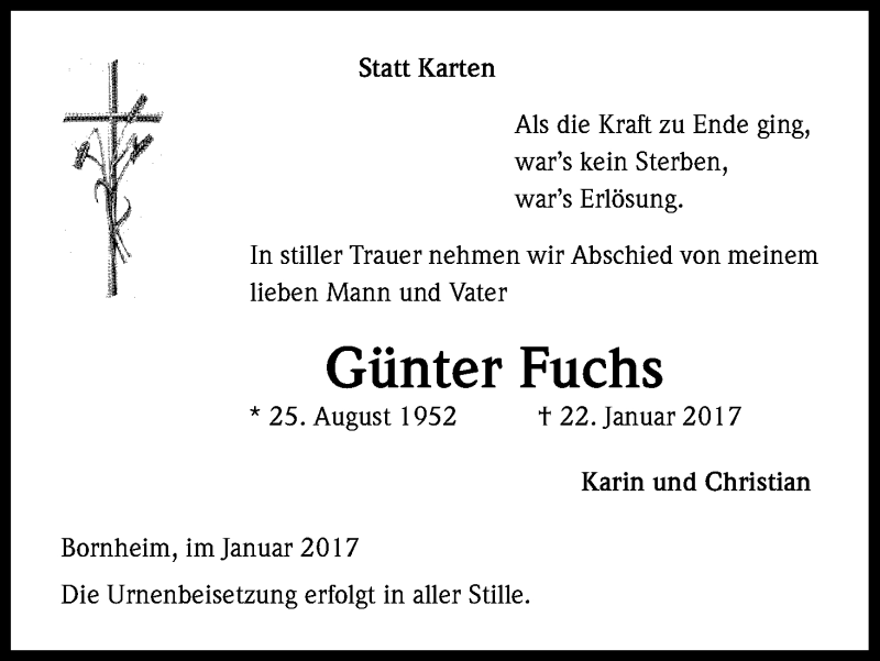  Traueranzeige für Günter Fuchs vom 28.01.2017 aus Kölner Stadt-Anzeiger / Kölnische Rundschau / Express