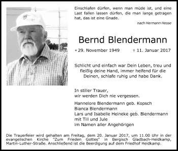 Anzeige von Bernd Blendermann von Kölner Stadt-Anzeiger / Kölnische Rundschau / Express