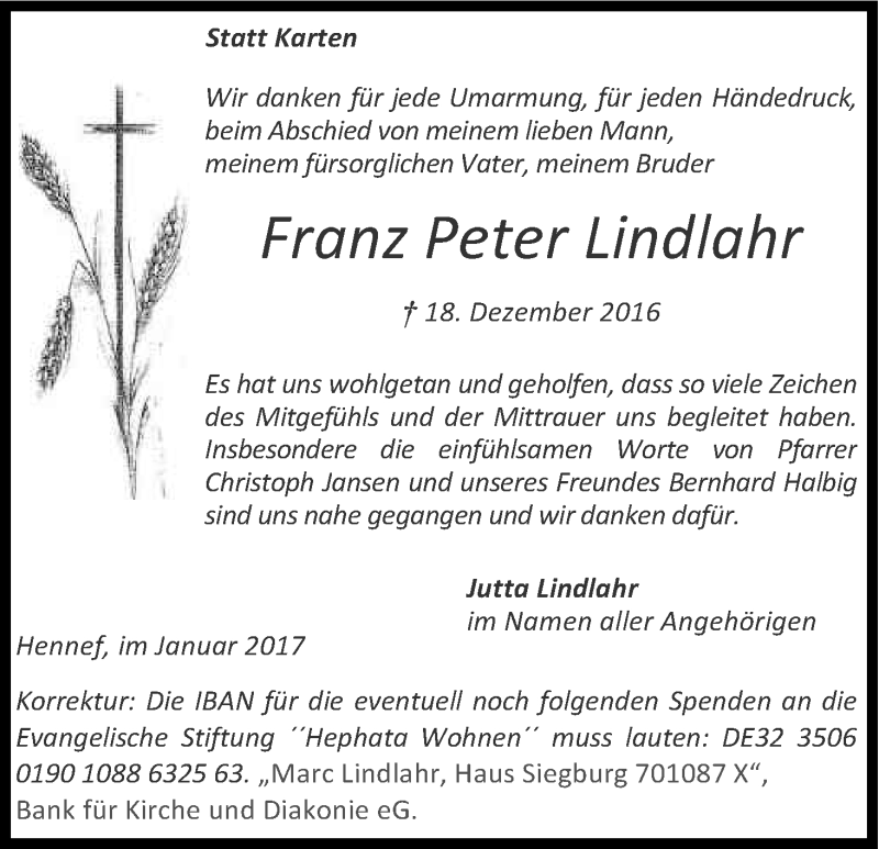  Traueranzeige für Franz Peter Lindlahr vom 14.01.2017 aus Kölner Stadt-Anzeiger / Kölnische Rundschau / Express