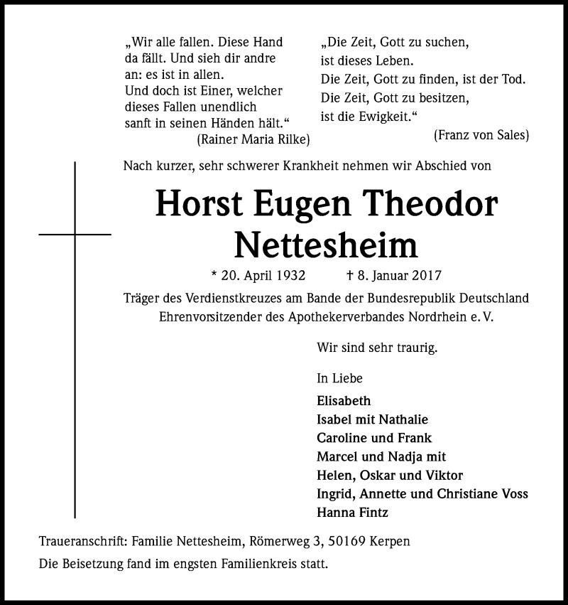  Traueranzeige für Horst Eugen Theodor Nettesheim vom 21.01.2017 aus Kölner Stadt-Anzeiger / Kölnische Rundschau / Express