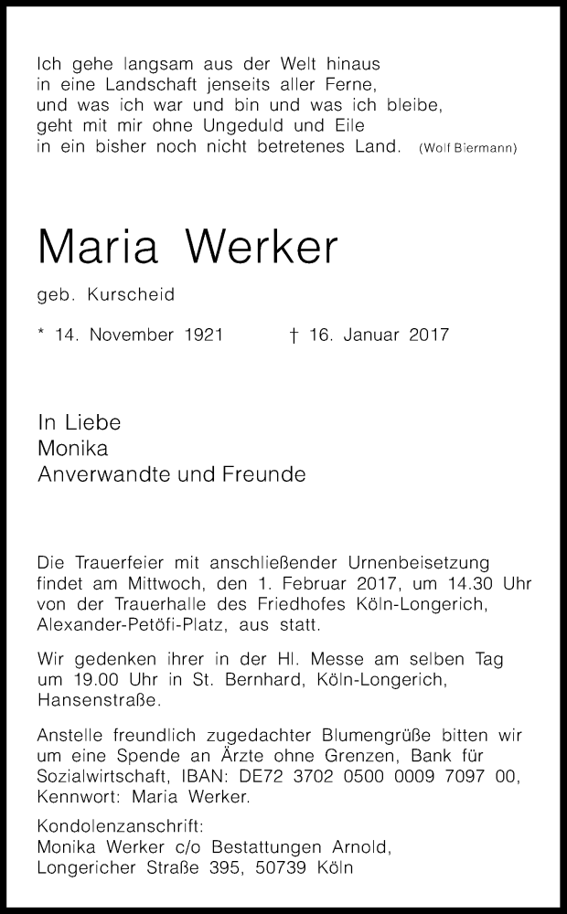  Traueranzeige für Maria Werker vom 28.01.2017 aus Kölner Stadt-Anzeiger / Kölnische Rundschau / Express