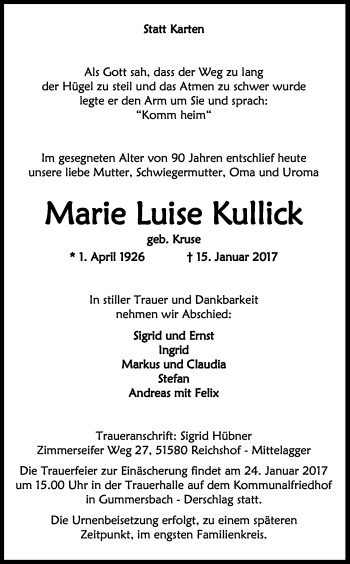 Anzeige von Marie Luise Kullick von Kölner Stadt-Anzeiger / Kölnische Rundschau / Express
