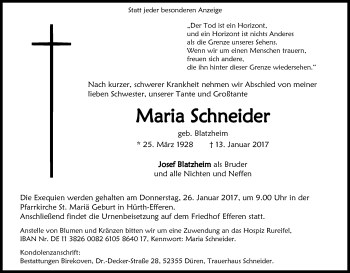 Anzeige von Maria Schneider von Kölner Stadt-Anzeiger / Kölnische Rundschau / Express