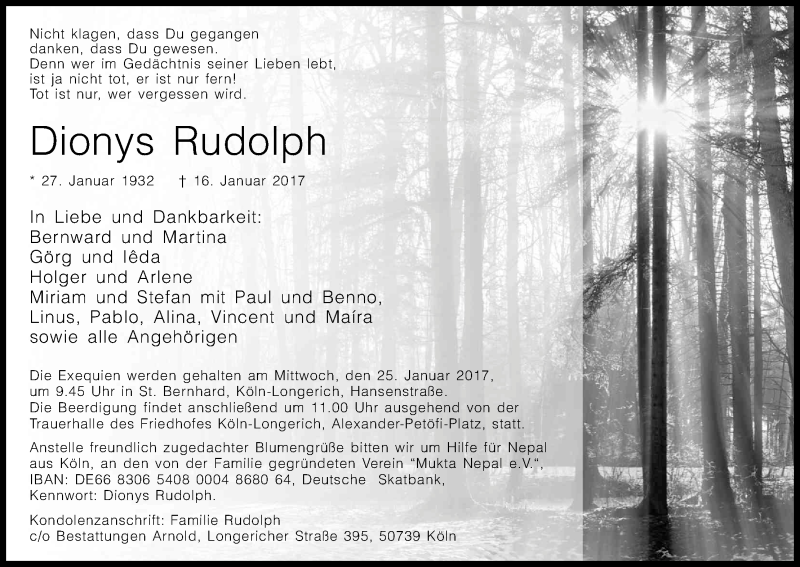  Traueranzeige für Dionys Rudolph vom 21.01.2017 aus Kölner Stadt-Anzeiger / Kölnische Rundschau / Express