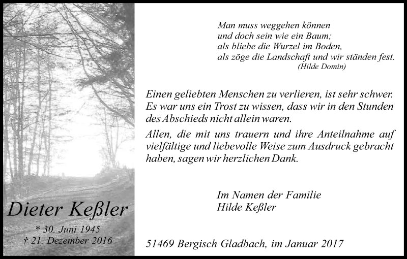  Traueranzeige für Dieter Keßler vom 14.01.2017 aus Kölner Stadt-Anzeiger / Kölnische Rundschau / Express