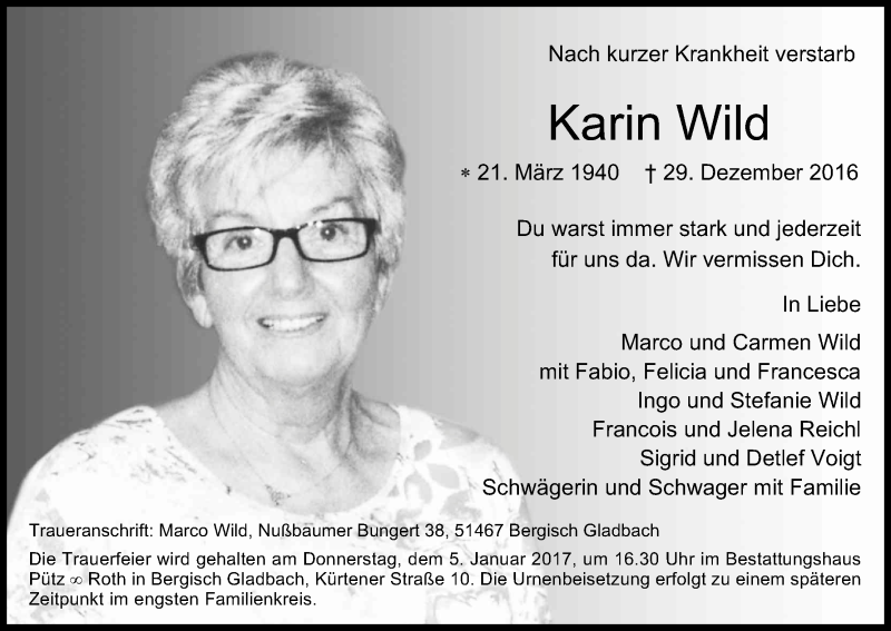  Traueranzeige für Karin Wild vom 03.01.2017 aus Kölner Stadt-Anzeiger / Kölnische Rundschau / Express