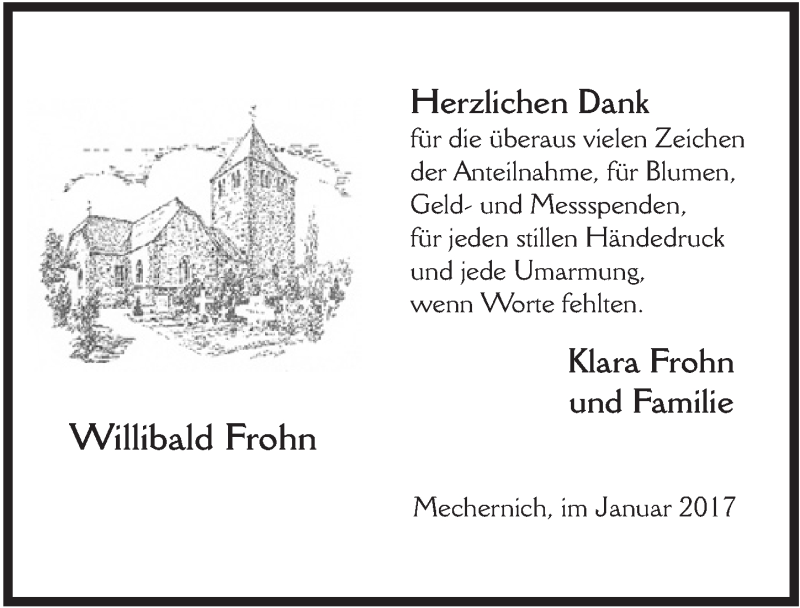  Traueranzeige für Willibald Frohn vom 28.01.2017 aus  Blickpunkt Euskirchen 