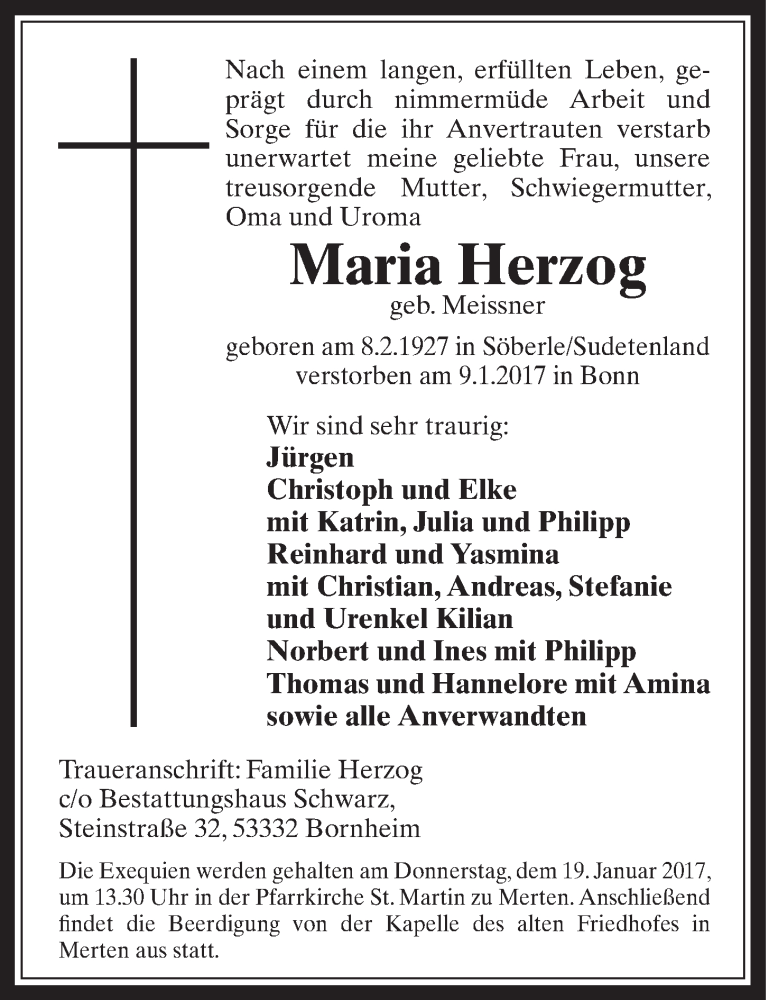  Traueranzeige für Maria Herzog vom 18.01.2017 aus  Schaufenster/Blickpunkt 