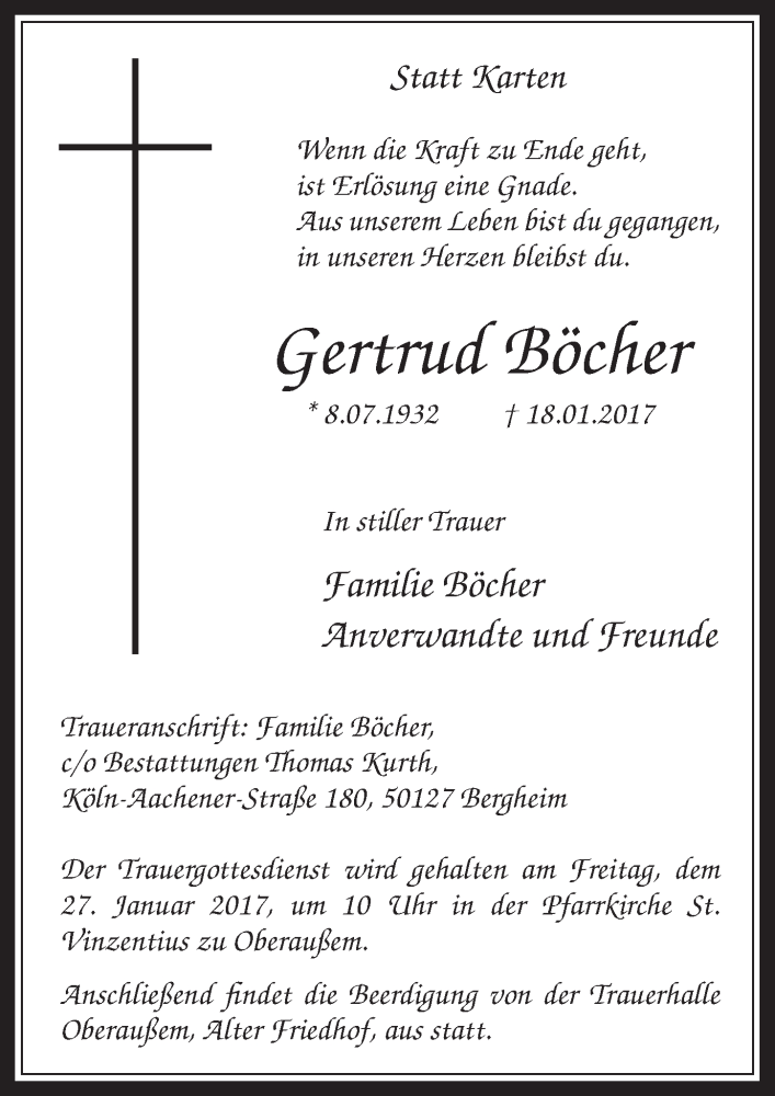  Traueranzeige für Gertrud Böcher vom 25.01.2017 aus  Werbepost 