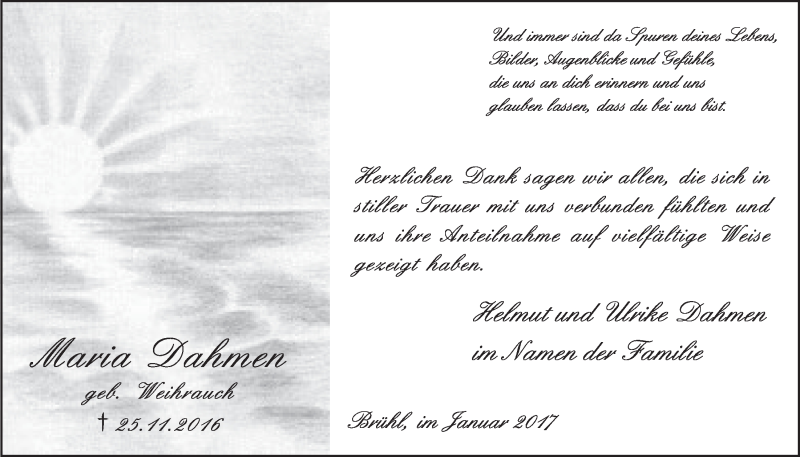  Traueranzeige für Maria Dahmen vom 11.01.2017 aus  Schlossbote/Werbekurier 