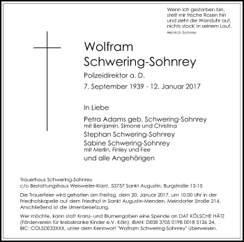 Anzeige von Wolfram Schwering-Sohnrey von Kölner Stadt-Anzeiger / Kölnische Rundschau / Express