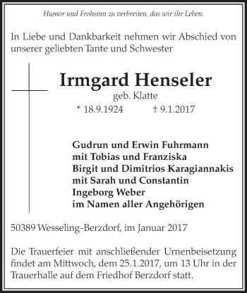 Anzeige von Irmgard Henseler von  Schlossbote/Werbekurier 
