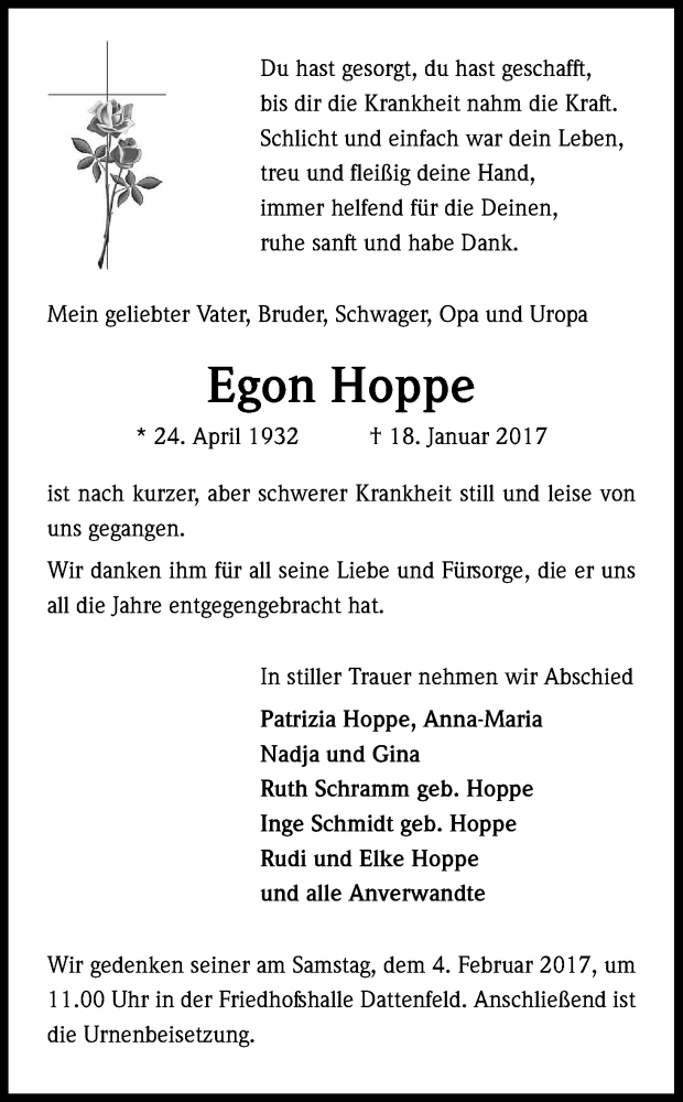  Traueranzeige für Egon Hoppe vom 01.02.2017 aus Kölner Stadt-Anzeiger / Kölnische Rundschau / Express