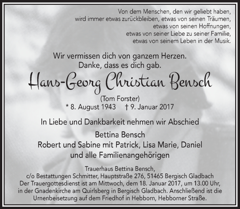  Traueranzeige für Hans-Georg Christian Bensch vom 18.01.2017 aus  Bergisches Handelsblatt 