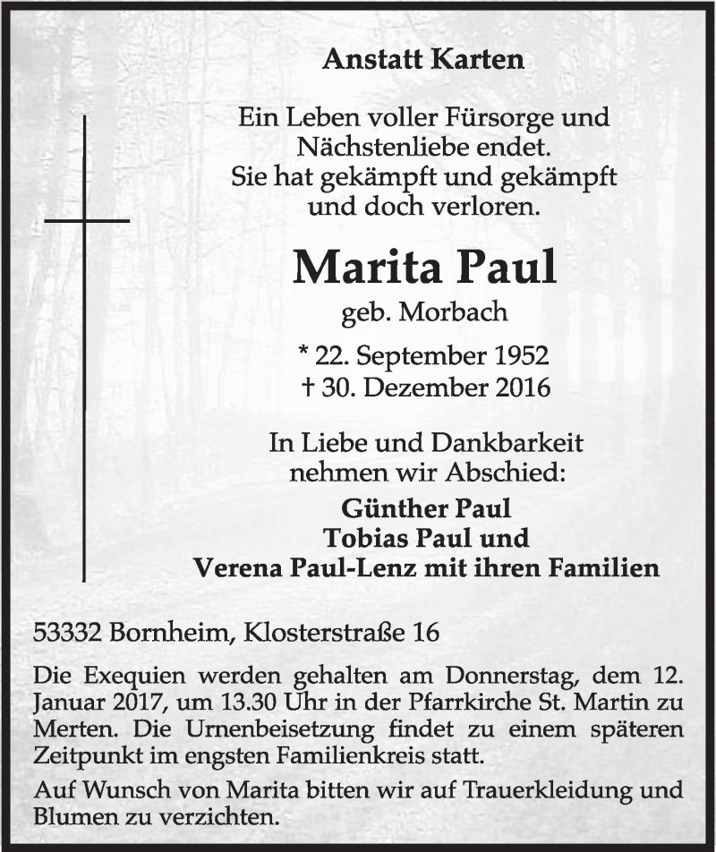  Traueranzeige für Marita Paul vom 04.01.2017 aus  Schlossbote/Werbekurier 