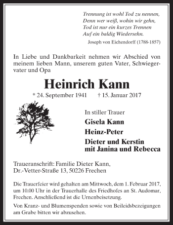 Anzeige von Heinrich Kann von  Wochenende 