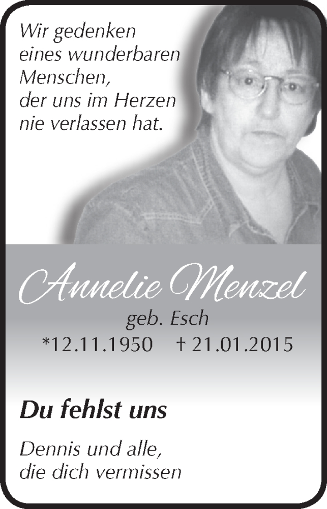  Traueranzeige für Annelie Menzel vom 18.01.2017 aus  Anzeigen Echo 