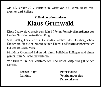 Anzeige von Klaus Grunwald von Kölner Stadt-Anzeiger / Kölnische Rundschau / Express