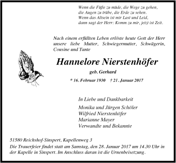 Anzeige von Hannelore Nierstenhöfer von  Anzeigen Echo 