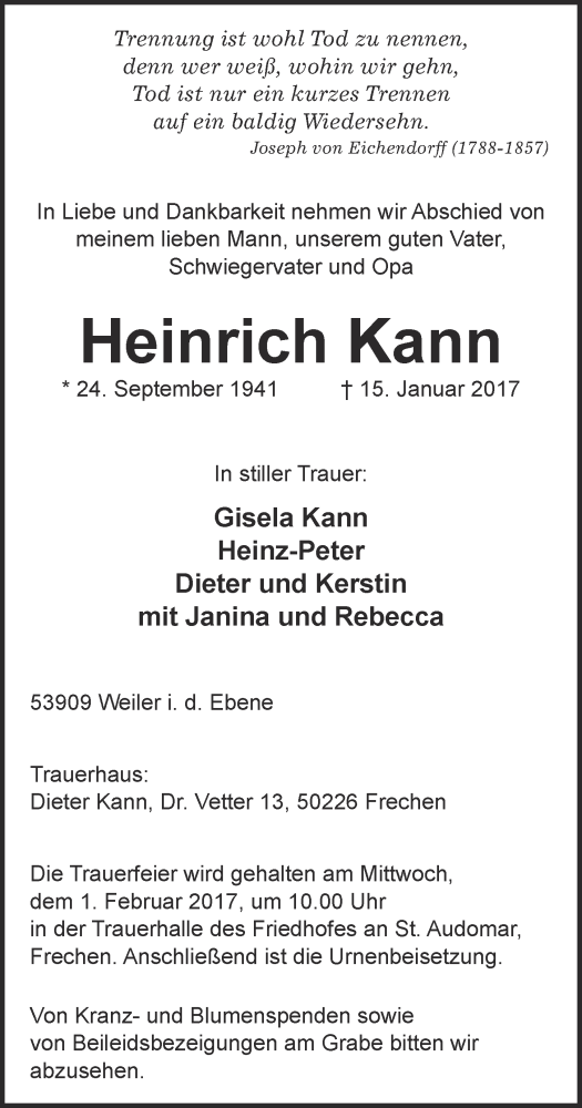  Traueranzeige für Heinrich Kann vom 28.01.2017 aus  Blickpunkt Euskirchen 