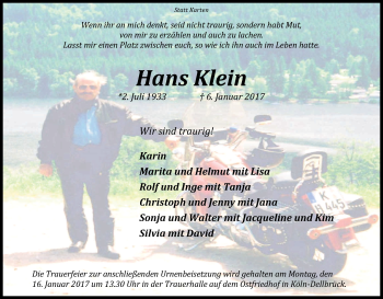 Anzeige von Hans Klein von Kölner Stadt-Anzeiger / Kölnische Rundschau / Express