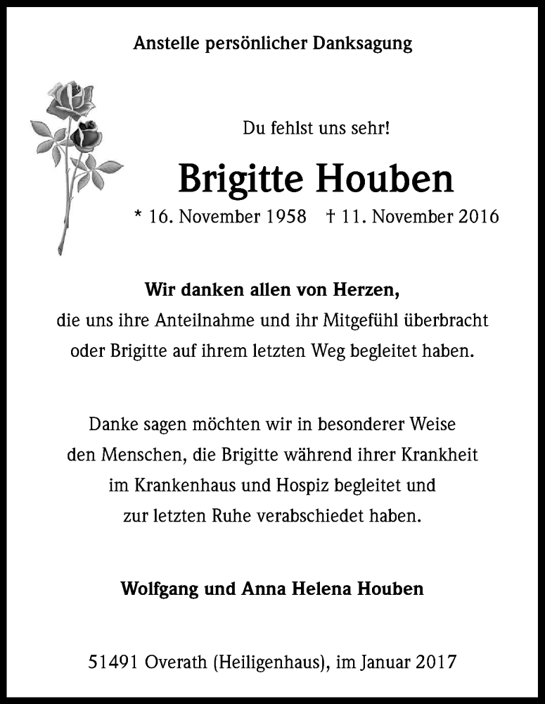  Traueranzeige für Brigitte Houben vom 07.01.2017 aus Kölner Stadt-Anzeiger / Kölnische Rundschau / Express