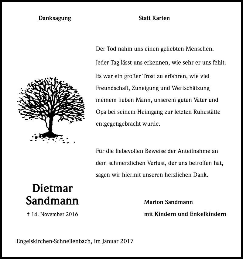  Traueranzeige für SandmannMarion Sandmann vom 11.01.2017 aus Kölner Stadt-Anzeiger / Kölnische Rundschau / Express