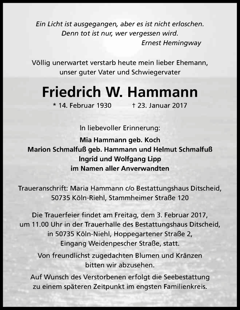  Traueranzeige für Friedrich W. Hammann vom 28.01.2017 aus Kölner Stadt-Anzeiger / Kölnische Rundschau / Express