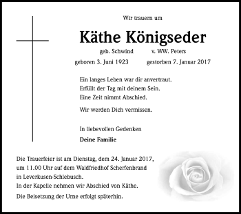 Anzeige von Käthe Königseder von Kölner Stadt-Anzeiger / Kölnische Rundschau / Express