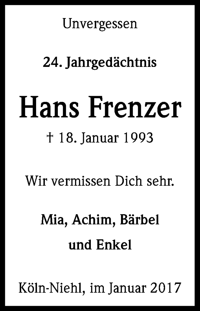 Traueranzeige für Hans Frenzer vom 18.07.2023 aus Kölner Stadt-Anzeiger / Kölnische Rundschau / Express