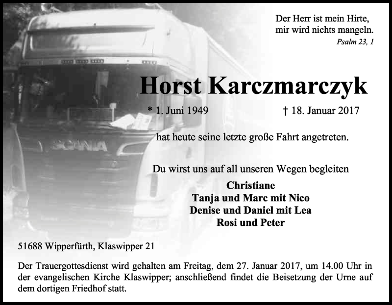  Traueranzeige für Horst Karczmarczyk vom 24.01.2017 aus Kölner Stadt-Anzeiger / Kölnische Rundschau / Express