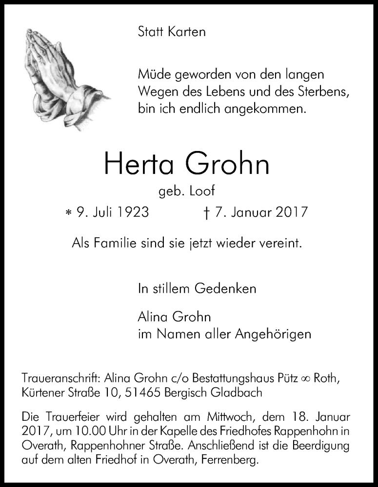  Traueranzeige für Heda Grohn vom 14.01.2017 aus Kölner Stadt-Anzeiger / Kölnische Rundschau / Express