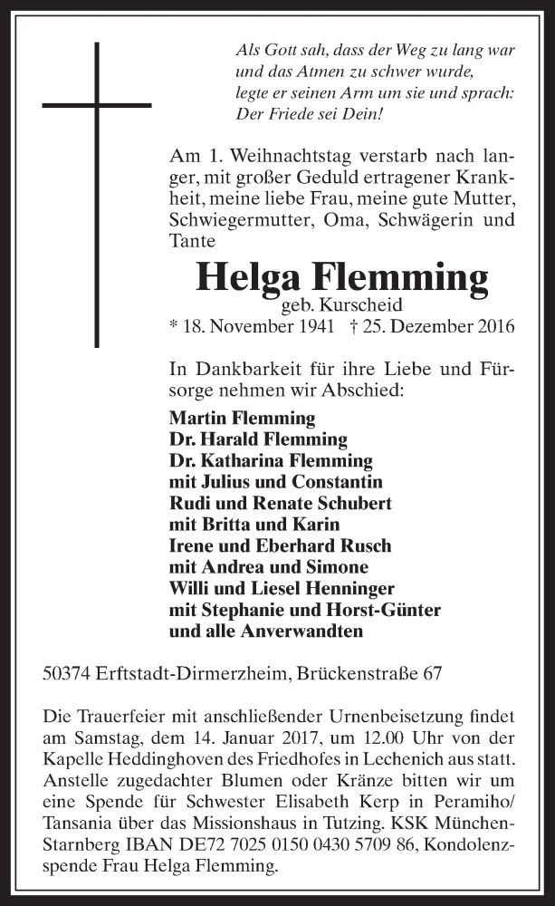 Traueranzeige für Helga Flemming vom 11.01.2017 aus  Werbepost 