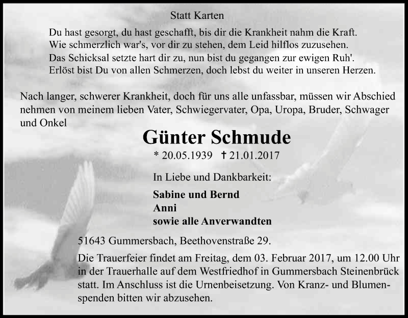  Traueranzeige für Günter Schmude vom 28.01.2017 aus Kölner Stadt-Anzeiger / Kölnische Rundschau / Express