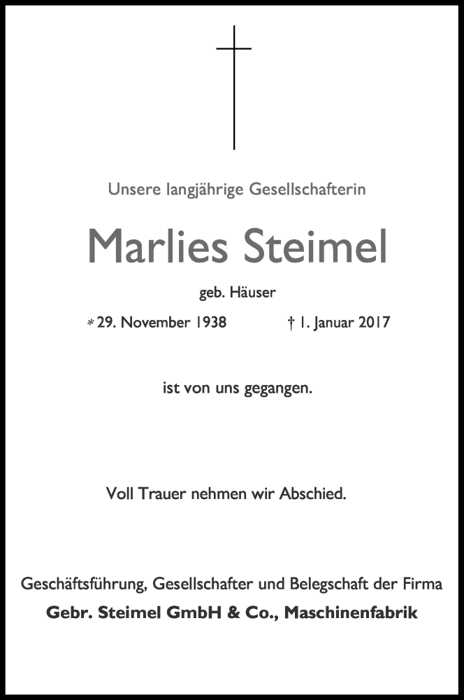  Traueranzeige für Marlies Steimel vom 04.01.2017 aus Kölner Stadt-Anzeiger / Kölnische Rundschau / Express