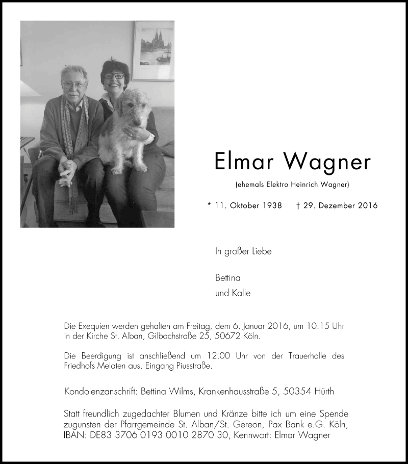  Traueranzeige für Elmar Wagner vom 02.01.2017 aus Kölner Stadt-Anzeiger / Kölnische Rundschau / Express