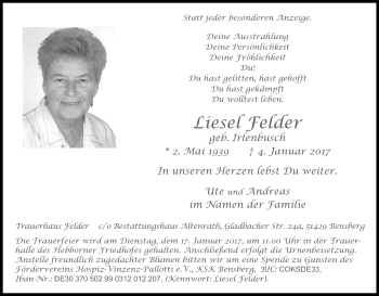 Anzeige von Liesel Felder von Kölner Stadt-Anzeiger / Kölnische Rundschau / Express