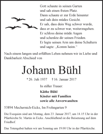 Anzeige von Johann Bühl von  Blickpunkt Euskirchen 