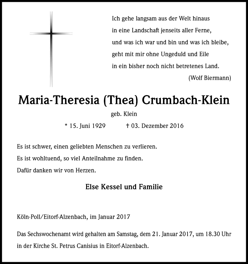  Traueranzeige für Maria-Theresia Crumbach-Klein vom 13.01.2017 aus Kölner Stadt-Anzeiger / Kölnische Rundschau / Express