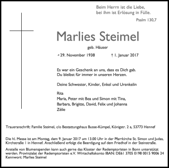 Anzeige von Marlies Steimel von Kölner Stadt-Anzeiger / Kölnische Rundschau / Express