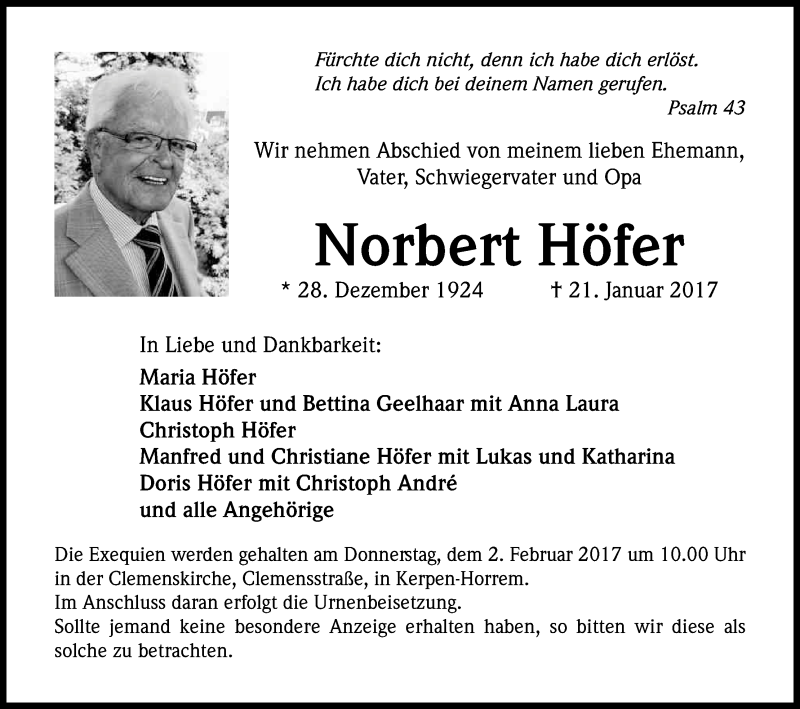  Traueranzeige für Norbert Höfer vom 28.01.2017 aus Kölner Stadt-Anzeiger / Kölnische Rundschau / Express