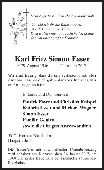 Anzeige von Karl Fritz Simon  Esser von  Werbepost 