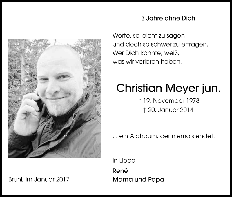  Traueranzeige für Christian Meyer vom 21.01.2017 aus Kölner Stadt-Anzeiger / Kölnische Rundschau / Express